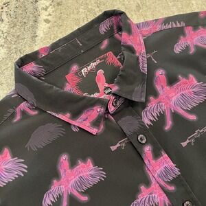 RETRO RIFLE Saws & Macaws Mens Shirt 3XL Neon Pink Birds Black Guns Button Down